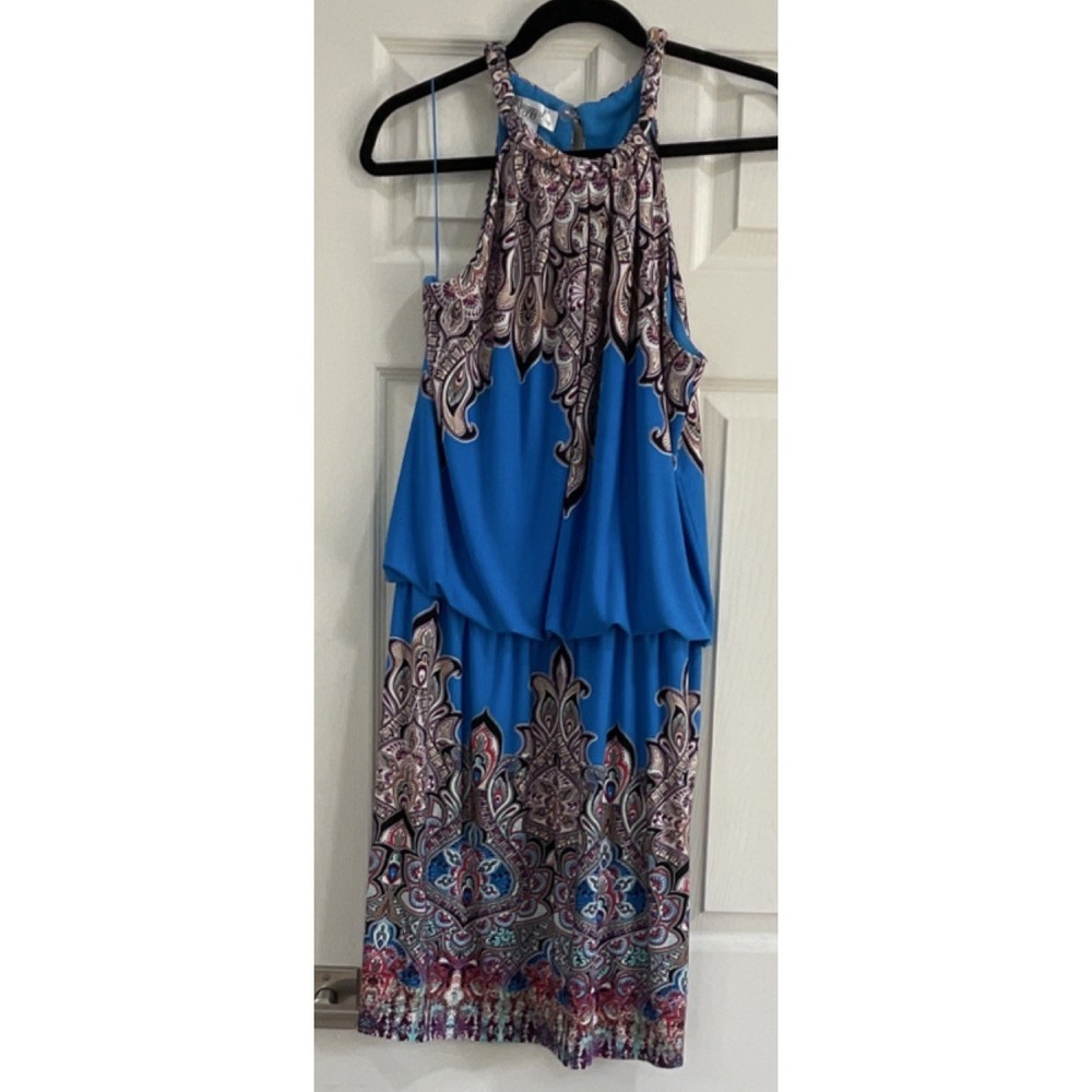 Maggy L Blue Paisley Knit Sleeveless Halter Shift Dress Keyhole Braided Neck 12